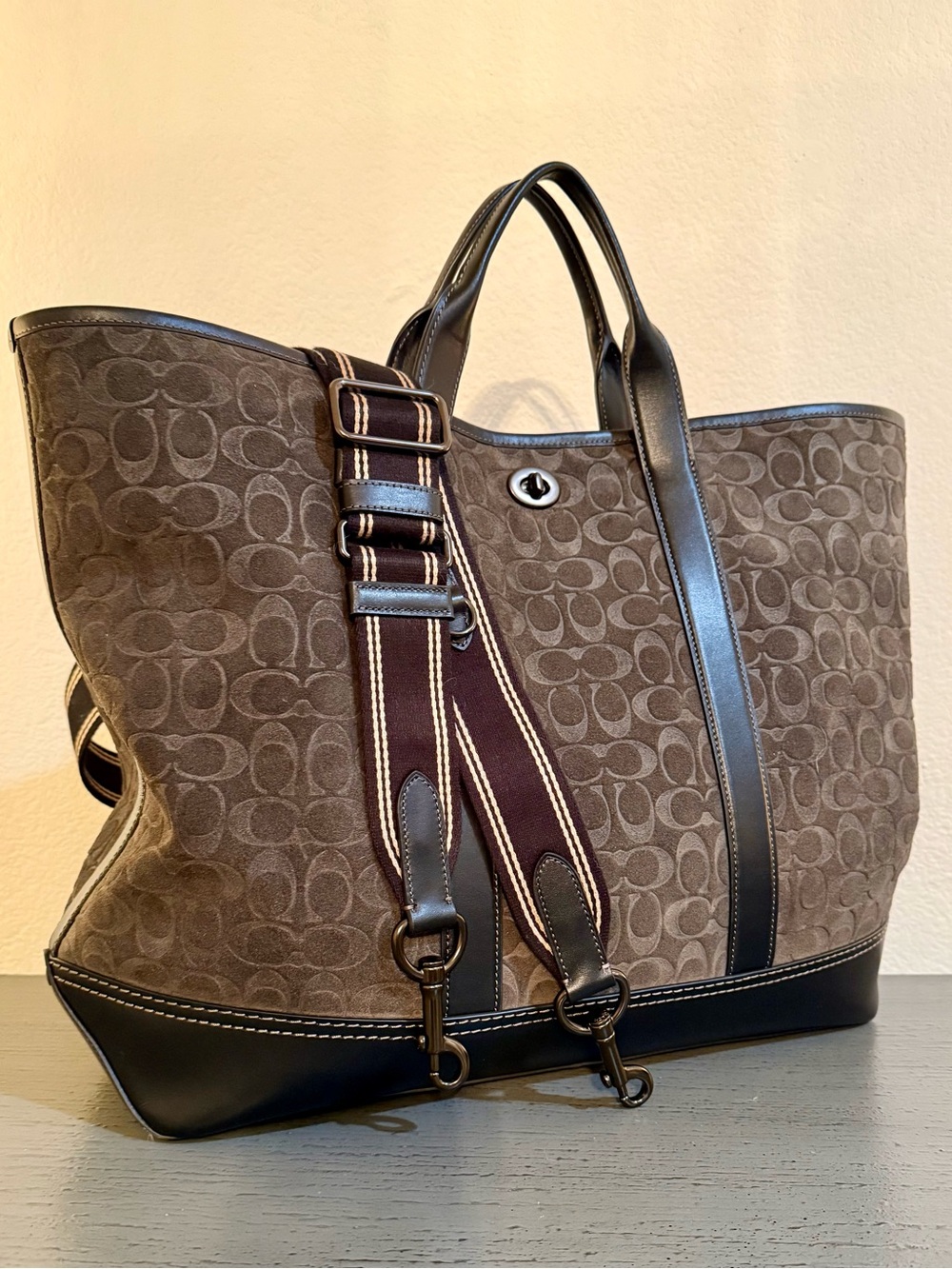 Coach Toby Turnlock Tote - Dark Green Signature Suede & Black Leather CC101